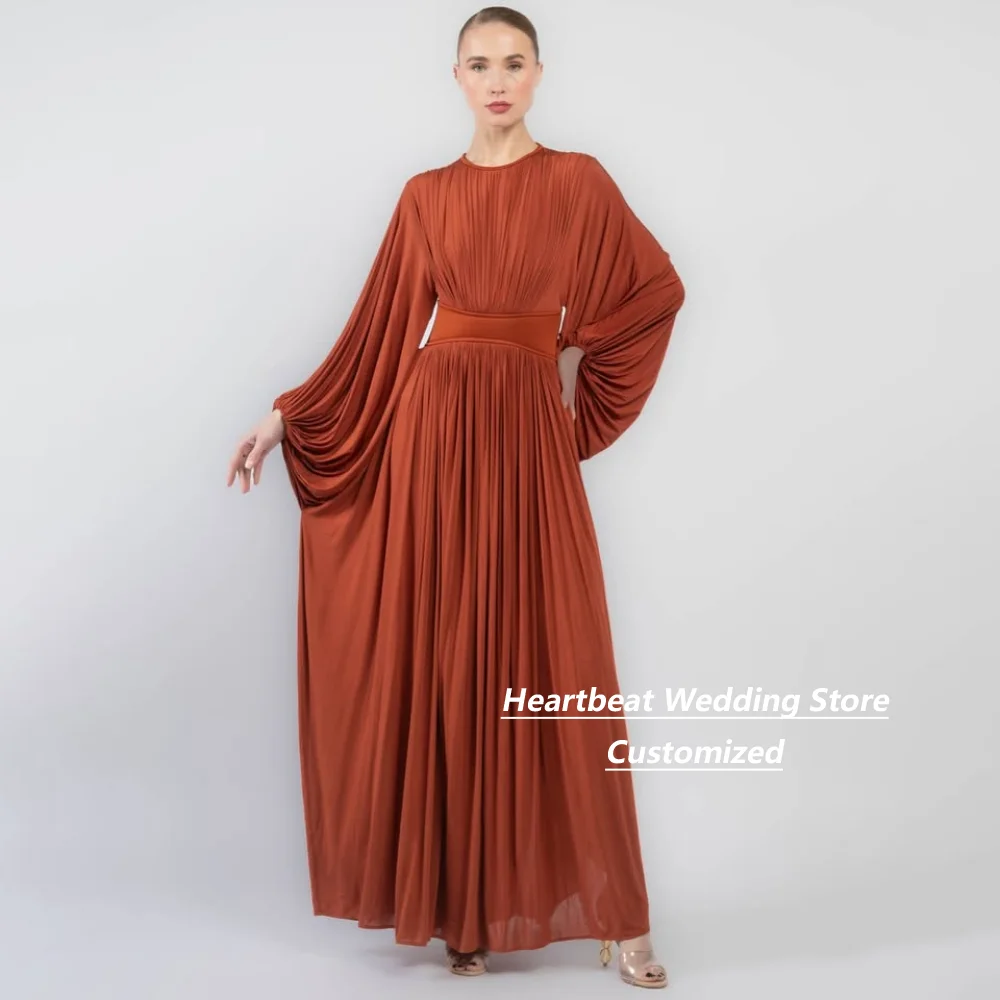 Customized Terracotta Batwing Sleeve Pleated Mother Of The Bride Gown Round Neck Waist Maxi Long Formal Wedding Evening Dress