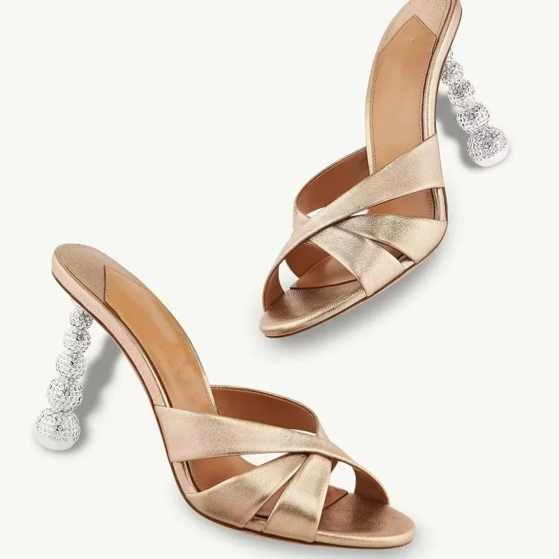 

Metallic Mules Strange Crystal High Heels Slippers Women Shoes Open Toe Sandals Sandalias De Mujer Leather Flip Flops Slides