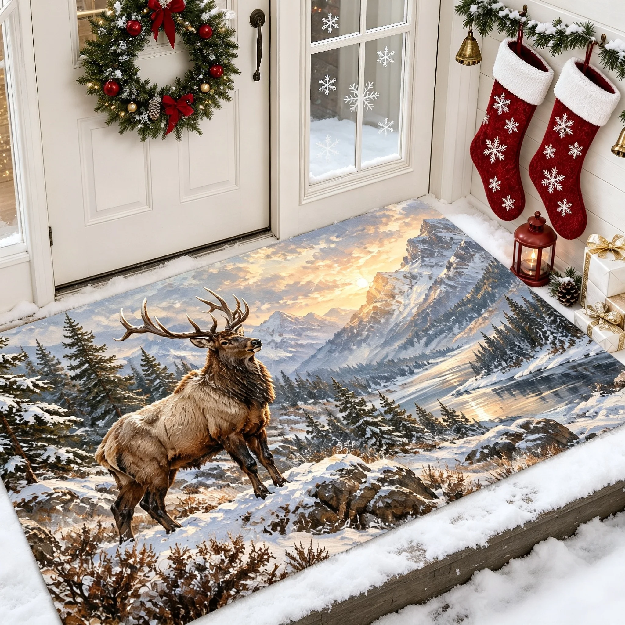 Wilderness Stag Christmas Floor Mat Snowy Mountain Forest Sunrise Landscape Pattern Rug Indoor Holiday Home Accent