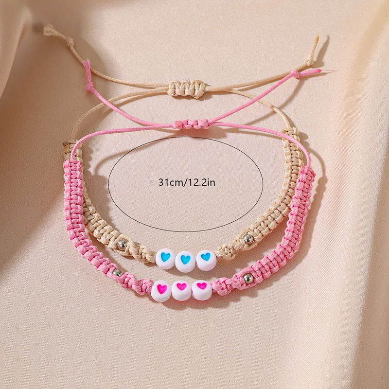 HI MAN Handmade Heart-shaped Beaded Braided Couple Pink Khaki Bracelet Anniversary Girl Boy Gift Casual Fashion Jewelry