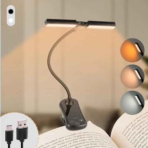 Luz de lectura de doble cabezal con Control táctil, luz LED con 3 colores y 8 brillos, recargable por USB, cuidado de los ojos, Clip de luz para libro/escritorio, 14 LED