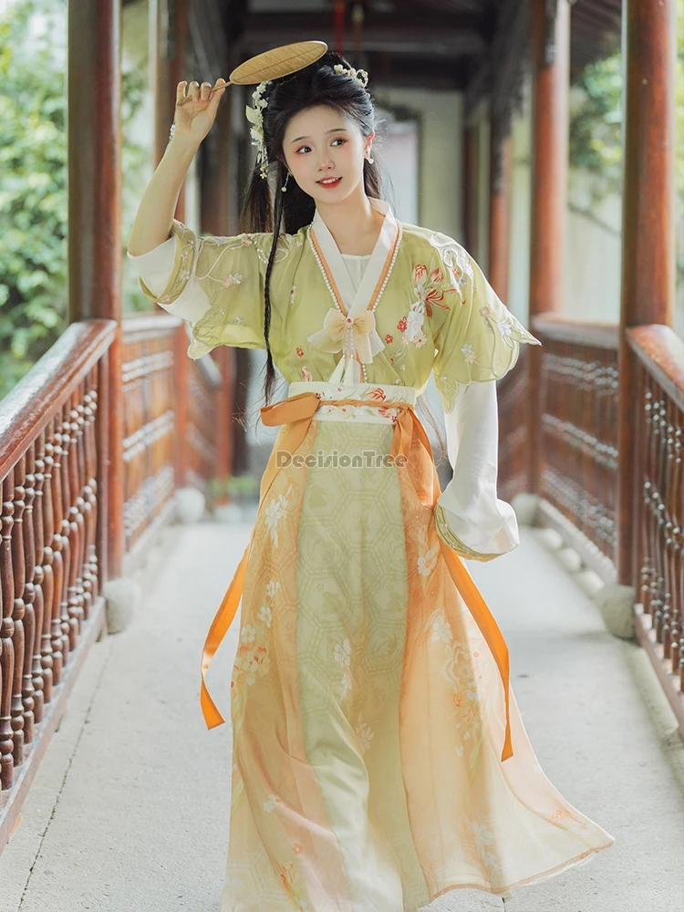 

2024 new improved oriental ancient tang dynasty sweet princess dress flower embroidery casual daily retro chinese hanfu suit