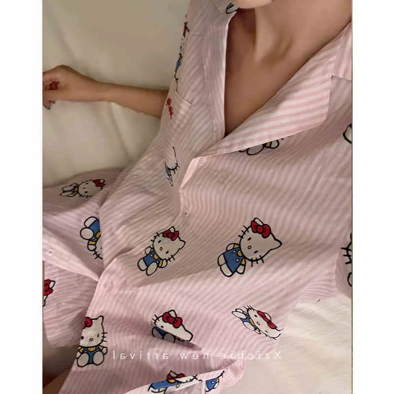 

Kawaii Sanrio Hello Kitty женские пижамы в полоску с принтом для девочек, весенние милые повседневные пижамные комплекты с короткими рукавами в стиле аниме с героями мультфильмов