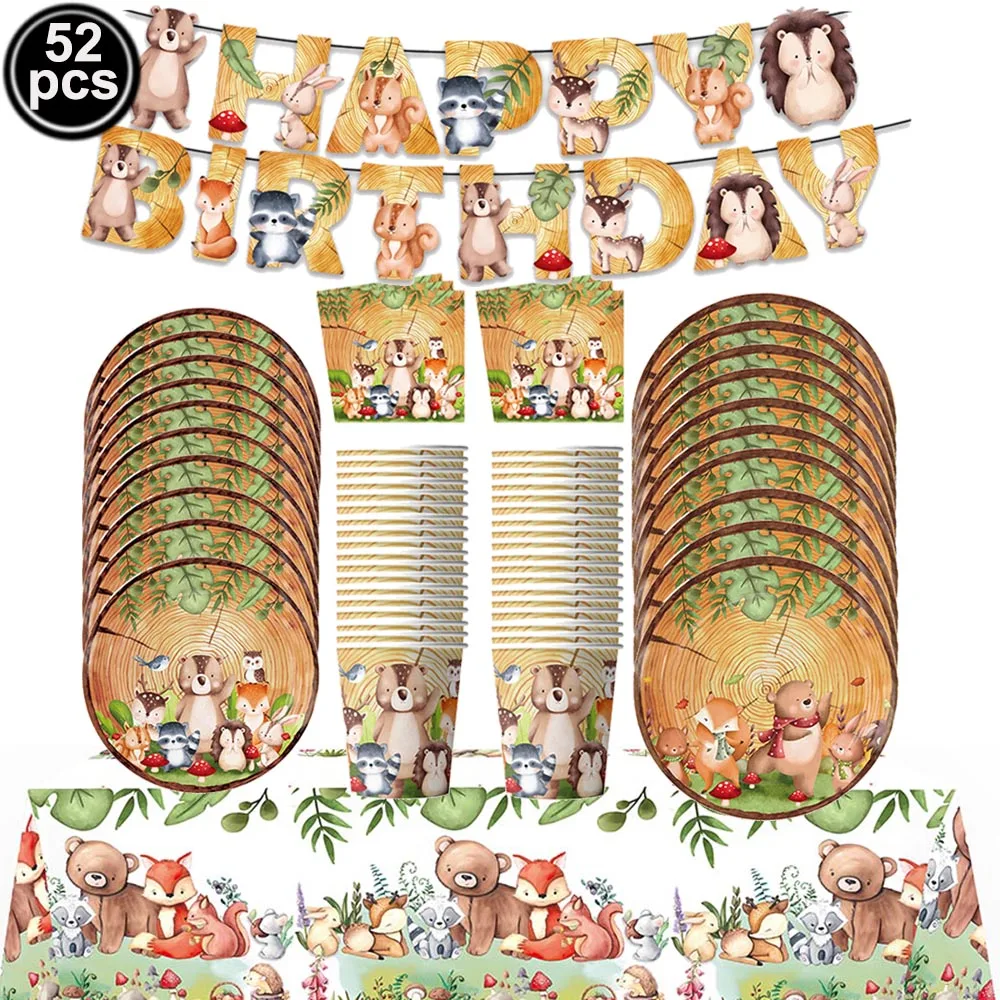 Waldtiere Partyzubehör Einweggeschirr Tischdecke Alles Gute zum Geburtstag Banner Ballon Wald Wilde Kreaturen Thema Dekore – Detail 2