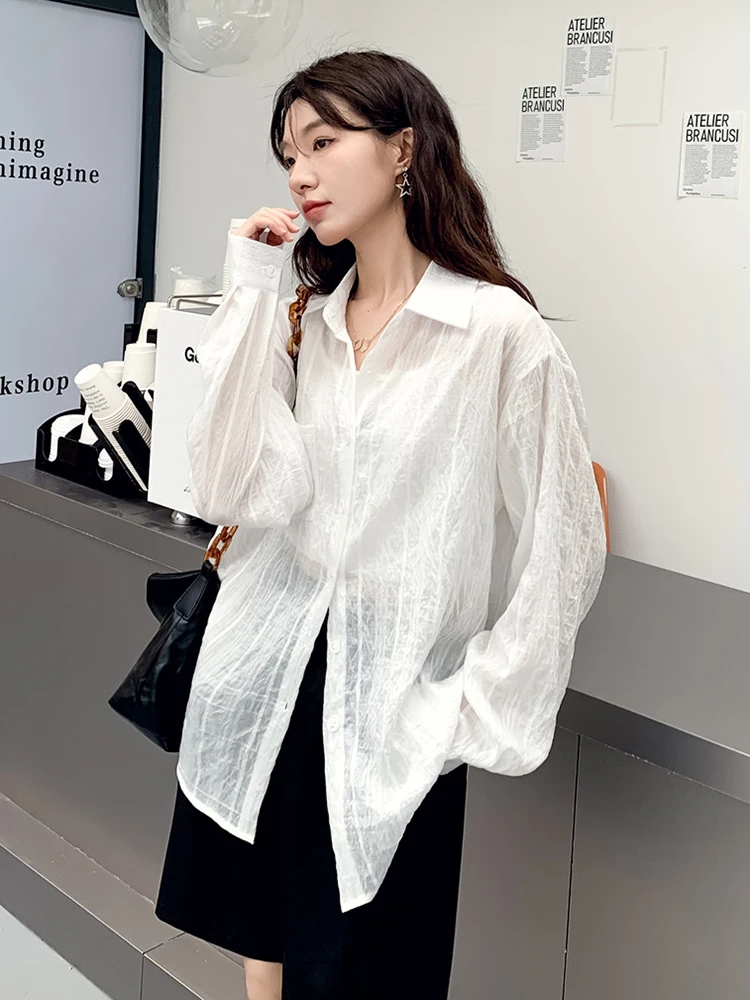 

QOERLIN Korean Fashion Micro Wrinkly Texture Striped Shirt Women Top Striped Summer Loose Casual Single-Breasted Blouse Female