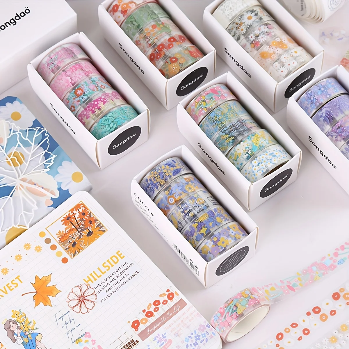 5 rolls/box of vintage flower washi tape, small floral transparent PET material decorative tape, a must-have gift for friends