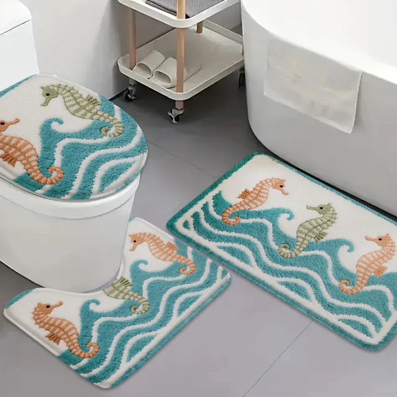

3pcs blue ocean bathroom flannel carpet bathtub anti slip absorbent mat bathroom U-shaped toilet lid mat home door mat