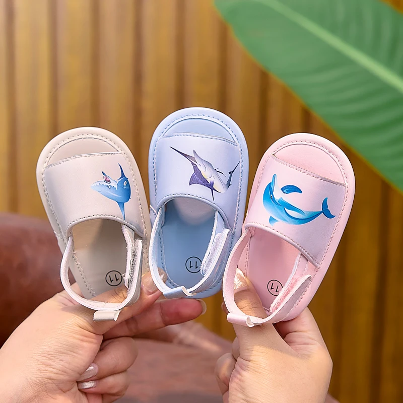 0-1 Year Old Baby Boys and Girls Flat Shoes with Animal Pattern, Pu Velcro Casual Fashion Home Slippers Suitable for Daily Summer Beach Walking Shoes