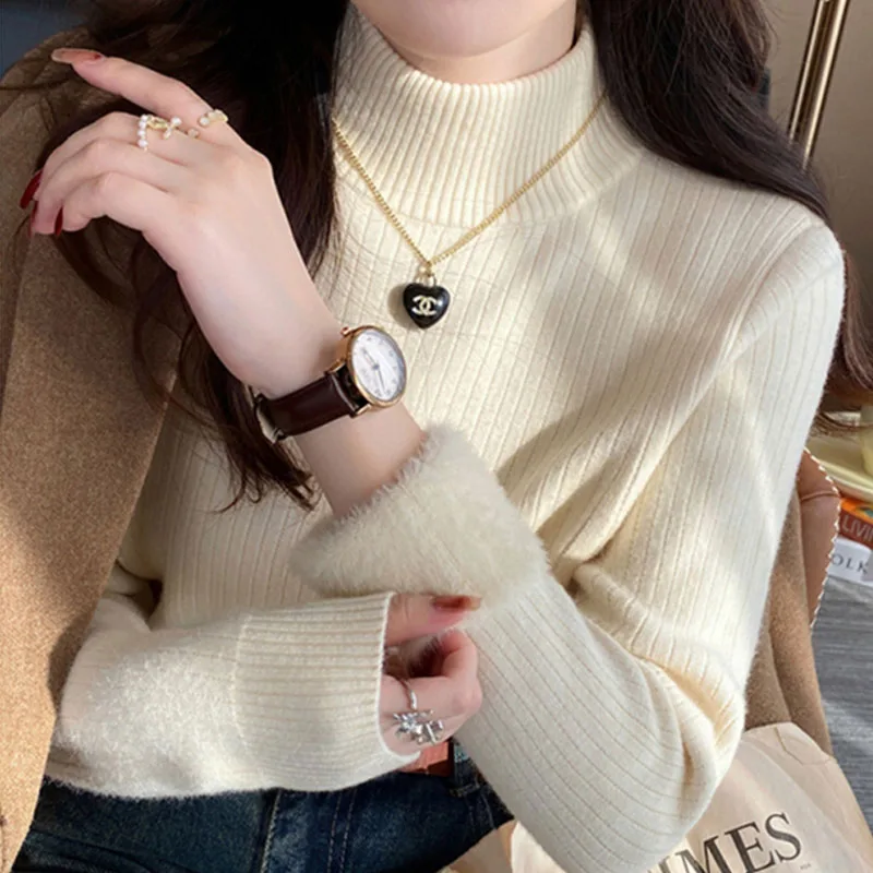 

Вязаный свитер, женские пуловеры, новый вязаный свитер с длинным рукавом и воротником-стойкой на флисовой подкладке, пуловер, женские топы Sueters De Mujer Q1445