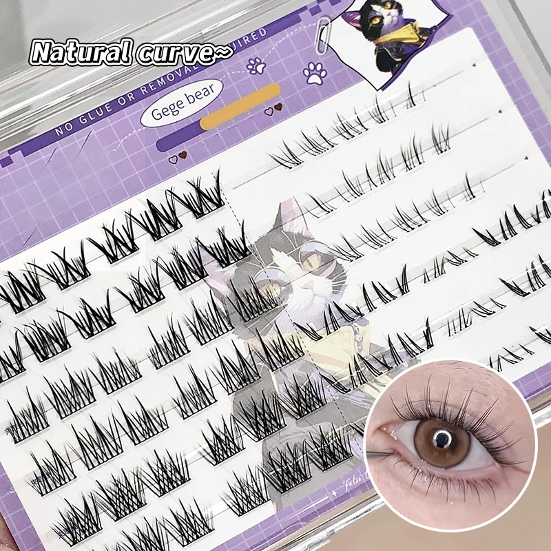 Gege Bear Klebefreie Manga-Anime-Wimpernbüschel, niedliches Tierdesign für obere und untere falsche Wimpern, natürlich, flauschig, voluminös, geschwungen