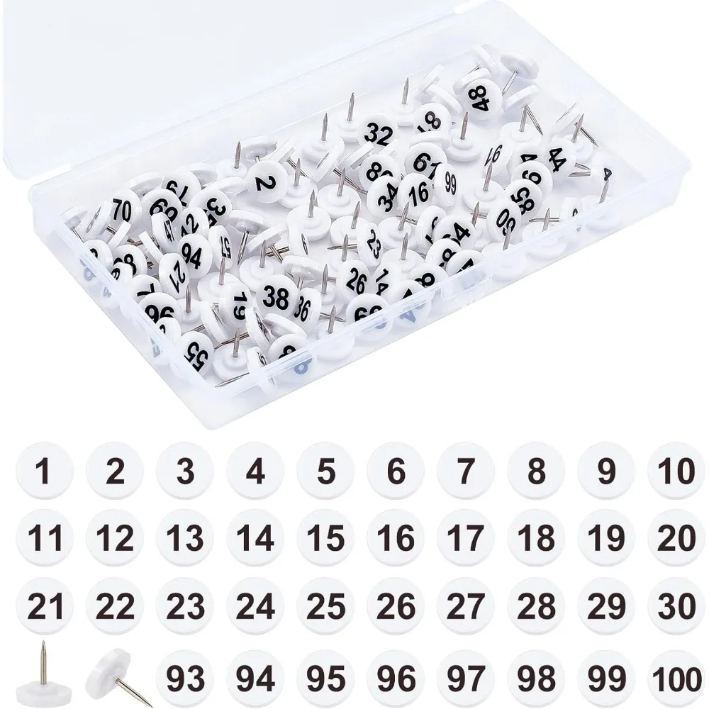 100 szt. zatumerowanych pinezek z numerem mapy pinezki z białą podstawą czarne cyfry 1-100 11 mm średnica 16 mm długość zestaw do robienia