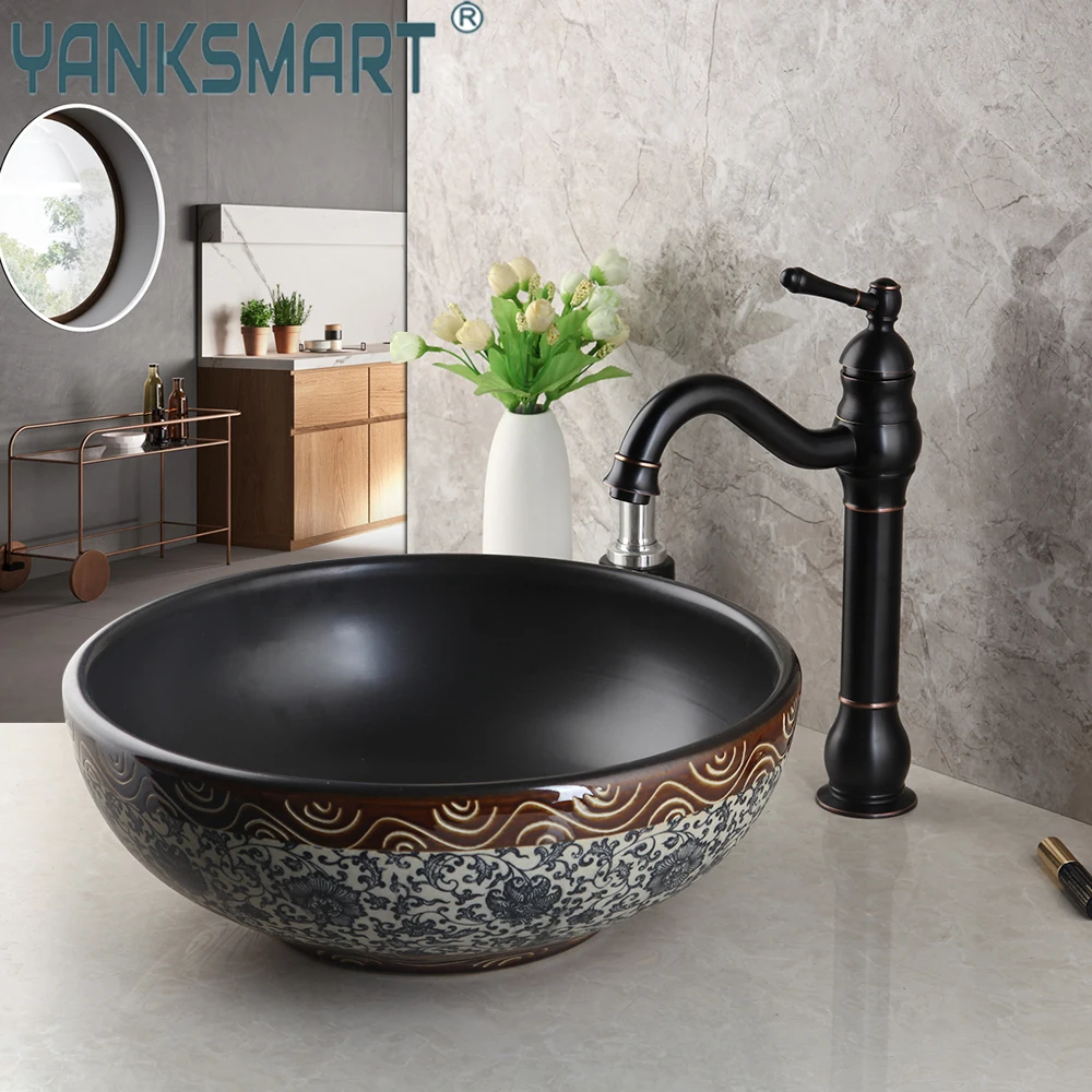 

YANKSMART Ceramics Hand Painting Basin Sink Set With Oil Rubbed Bronze Brass Bathroom Faucet Deck Mount Cold And Hot Water Tap