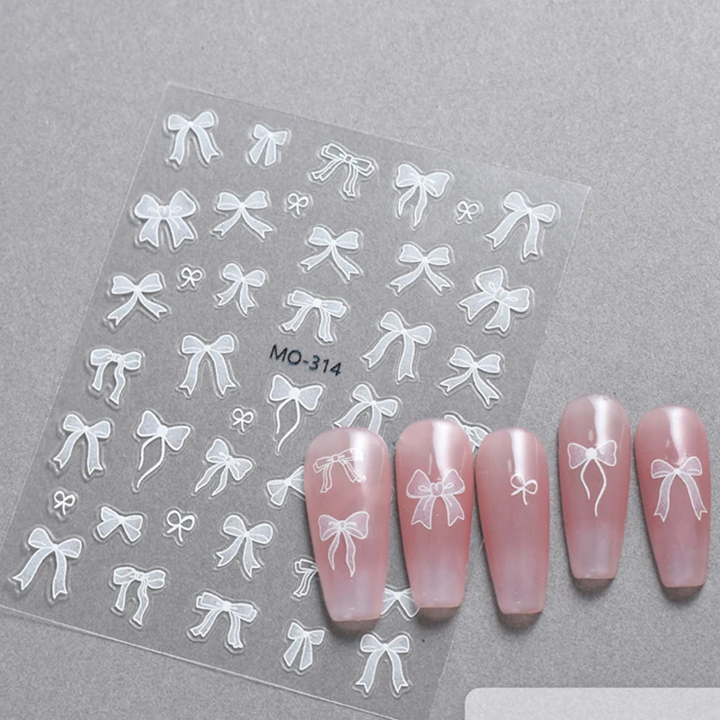 5d Embossed Nail Art Stickers Semi-Transparent White Silky Ballet Ribbons Bowknots Decals Decorations For Nail Tips Manicures