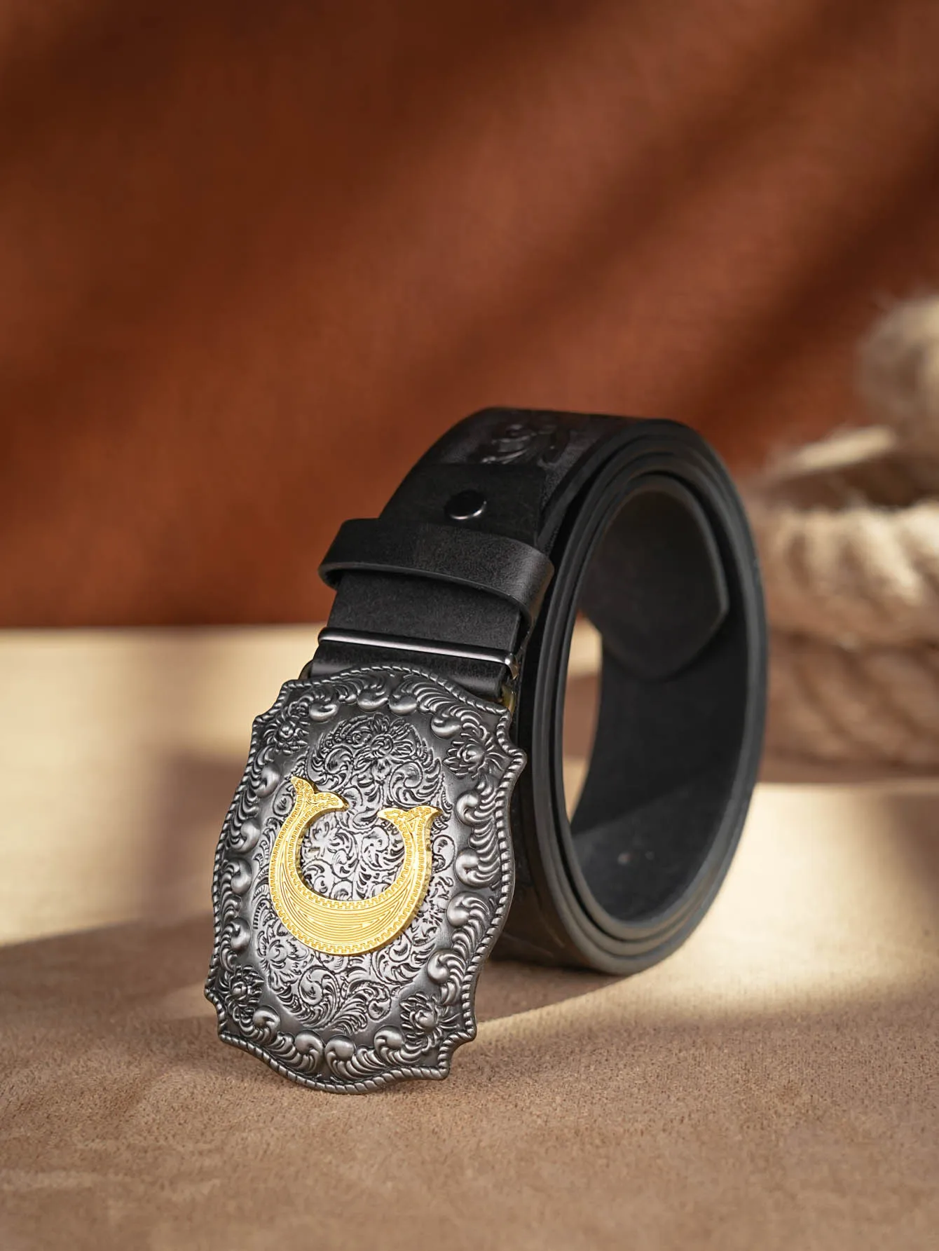 Western Cowboy PU-Ledergürtel – Herren-Hüftgurt, Stier-Dekoration, Blumenmuster, graviert für Jeans – Detail 6
