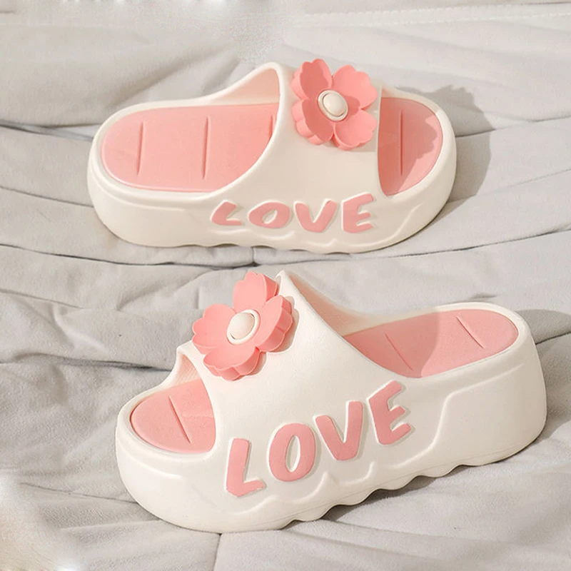 

New pink flower high heel slipper women's outdoor slides sweet backless beach shoes woman flat platform mules elevator slippers