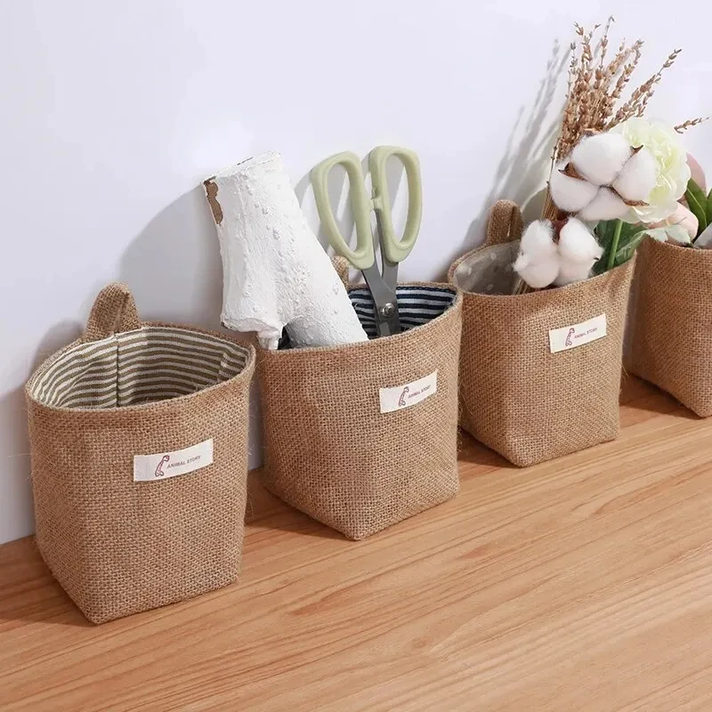 2Pcs Cotton And Linen Fabric Storage Bag Wall Hanging Storage Bag Hanging Pocket Behind The Door Dormitory Mini Cloth Bag