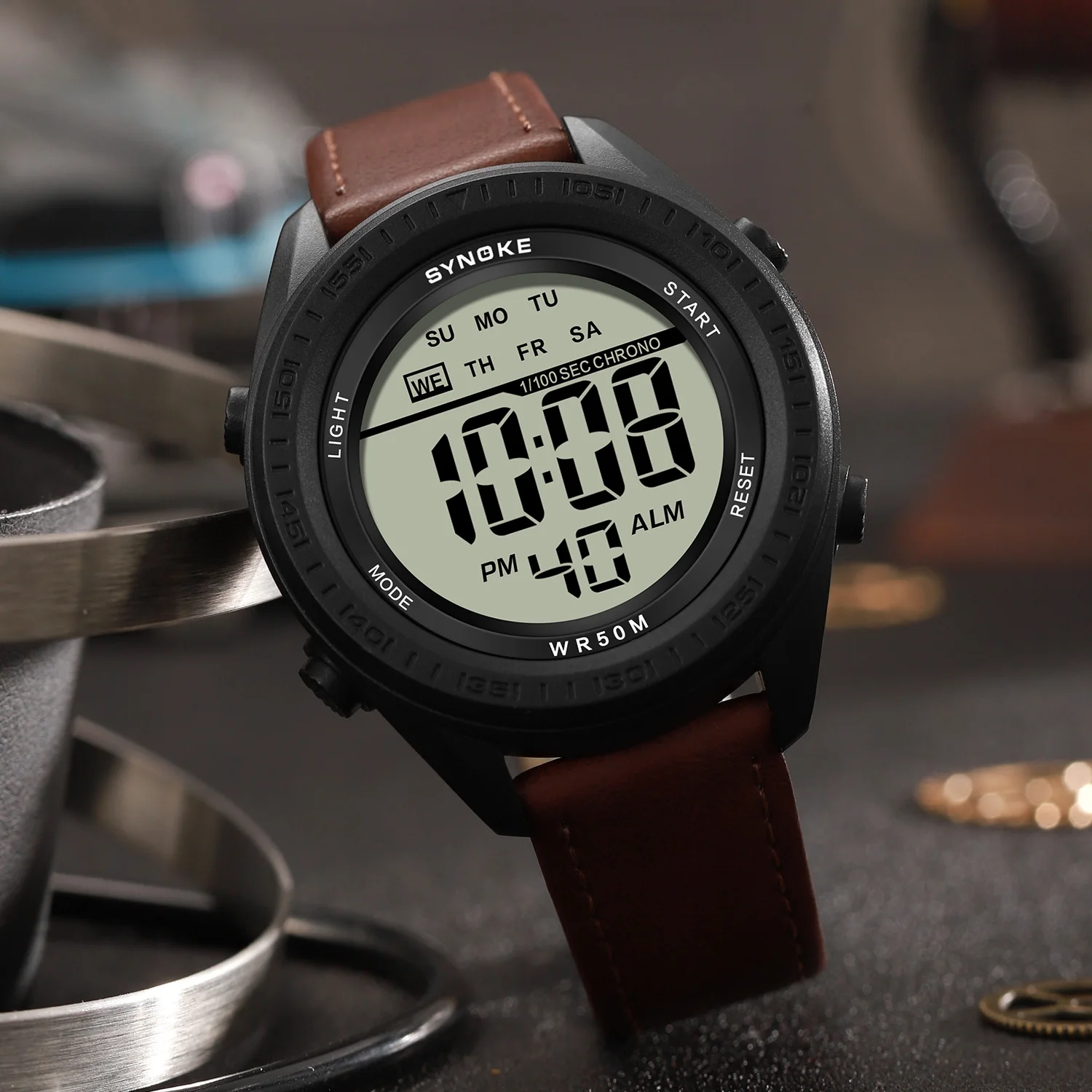 Men's Digital Watch with Leather Strap 50M Waterproof Alarm Clock Multi-function Watch Outdoor Sports Watch