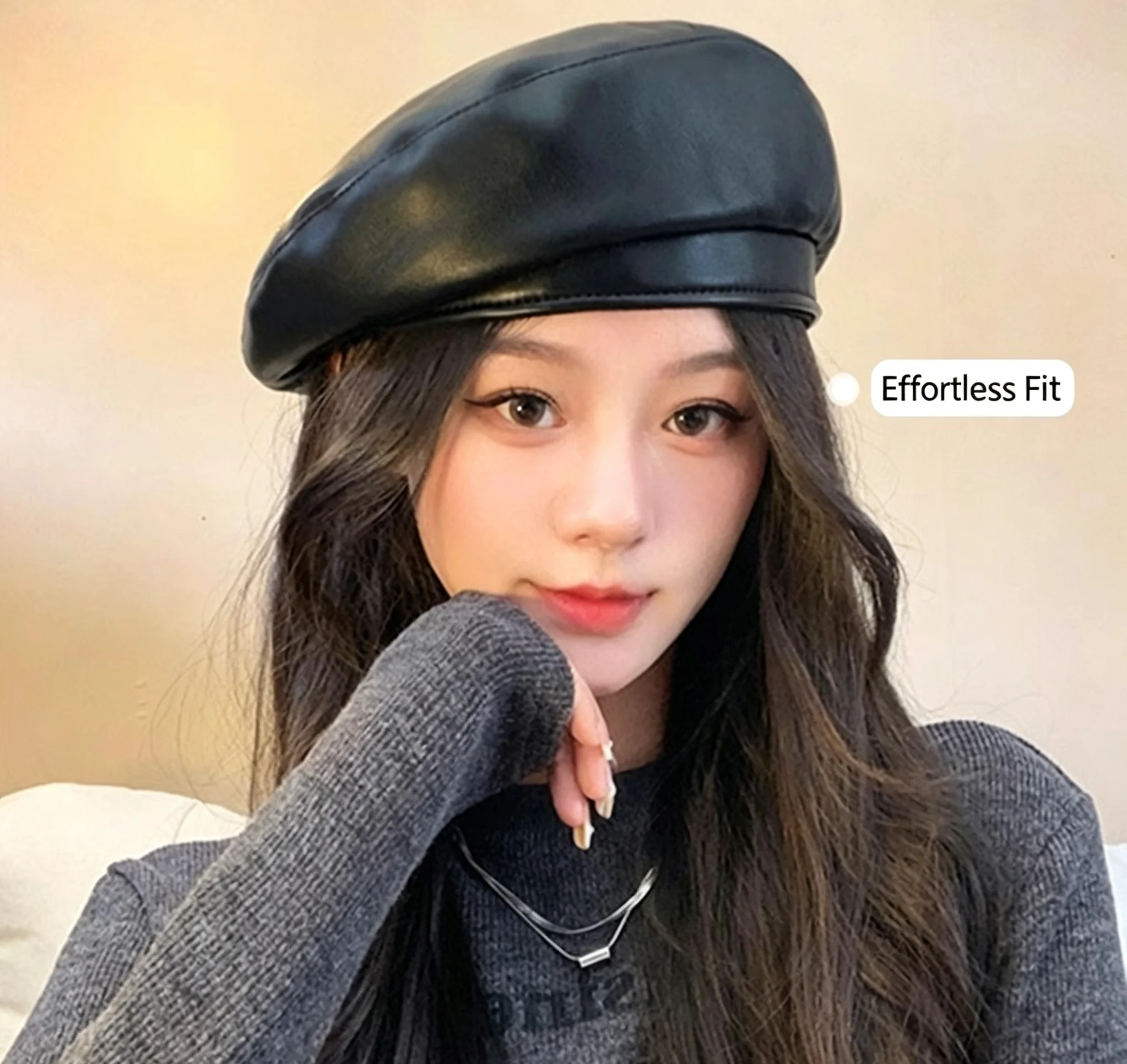 Women PU Leather Beret, Korean British Style Face Slim Four-Corner Hat