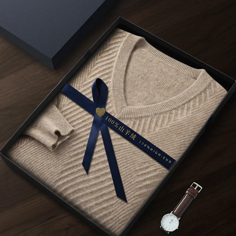 

Осень-зима, мужской пуловер с v-образным вырезом, свитер из 100% кашемира, трикотаж с длинными рукавами, базовая элегантная повседневная мягкая утолщенная теплая одежда