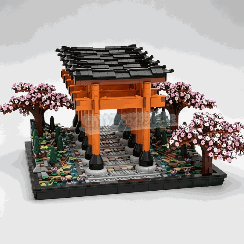 3918PCS MOC Japanese Torii Gate Walkway Shrine Cherry Blossom Building Blocks DIY Assembly Creative Collection Display Toy Gift