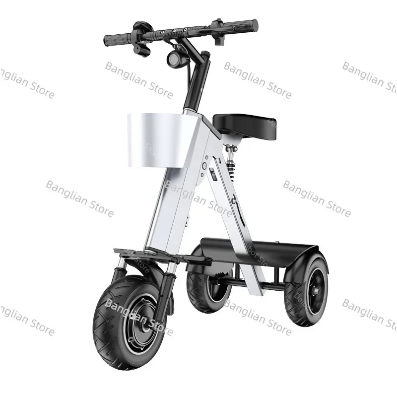 FoldingElectric Tricycle with Removable Basket for Adult, Mini Portable 3 Wheel Electric Scooter with Camping Trailer, 36V, 450W