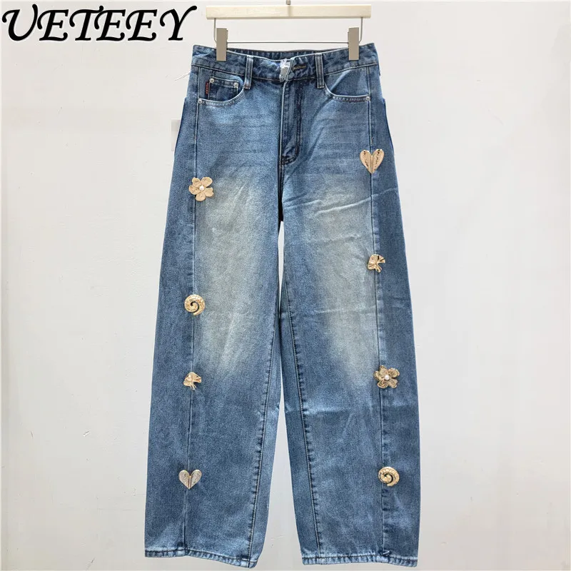 

Новые модные джинсы с металлическим декором и высокой талией, свободные, стройнящие, в стиле «сабля», женские брюки, винтажные, весна 2026