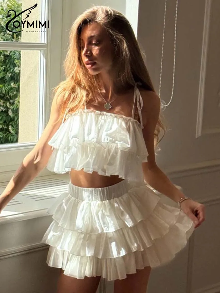 

Oymimi Summer White Cotton 2 Piece Sets Woman Outfit Fashion Spaghetti Strap Cascading Ruffle Crop Top + Pleated Mini Skirts Set
