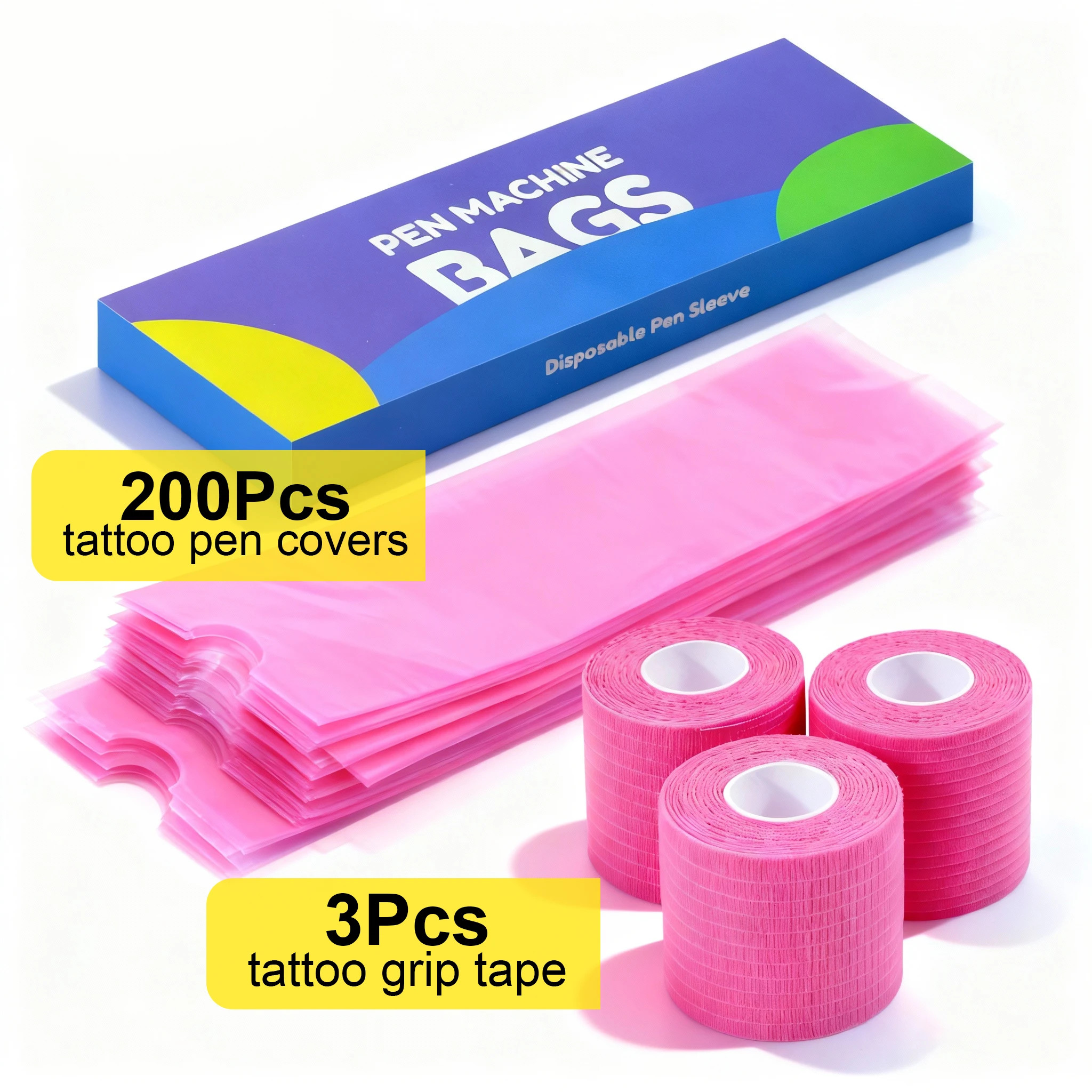 

200Pcs Tattoo Pencil Sleeve Bag Covers and 3Pcs Pink/Black/Blue Bandage Practice Tattoo Sets Microblading Supplie for Artists