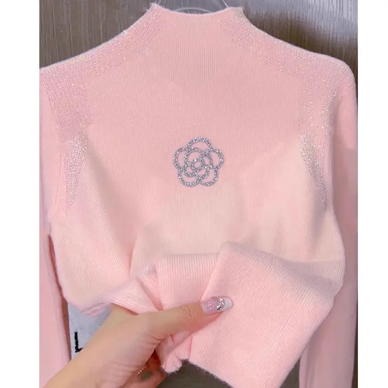 Camellia Hot Diamond Turtleneck Sweater for Women Fashionable New Slim Fit Thickened Knitted Bottoming Shirt Top