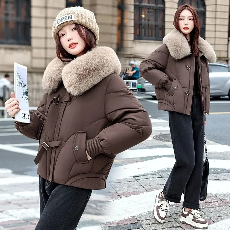

Пуховое пальто, женские парки, зима 2025, новинка с большим меховым воротником, теплая хлопковая стеганая куртка, короткая верхняя одежда, верхняя одежда большого размера, женская
