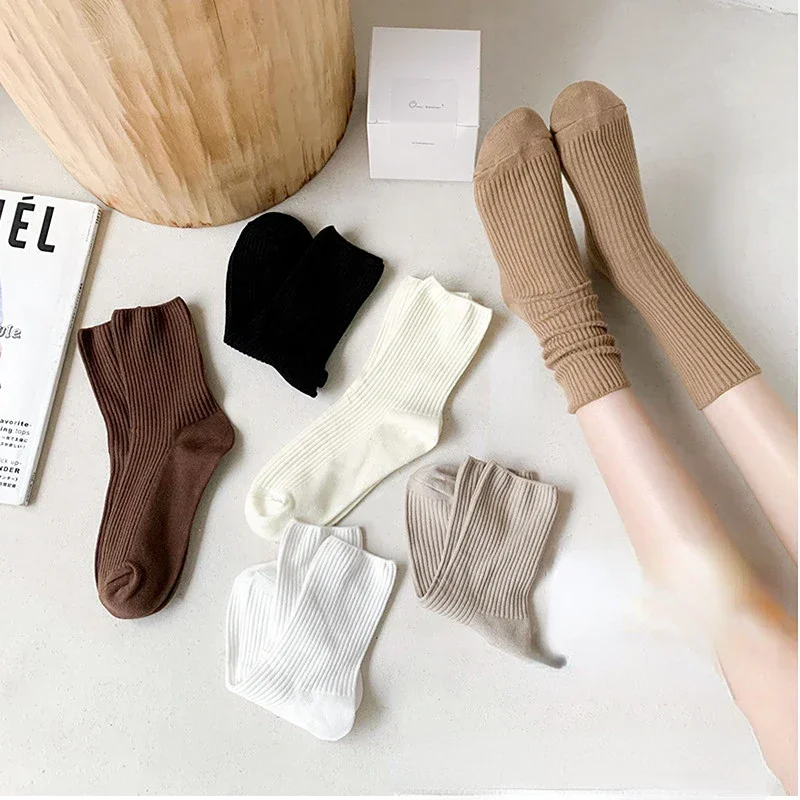 Milk Color Cotton Women Socks Korean Style Middle Tube Striped Socks High School Students Soft Comfortable Loose Long Socks New