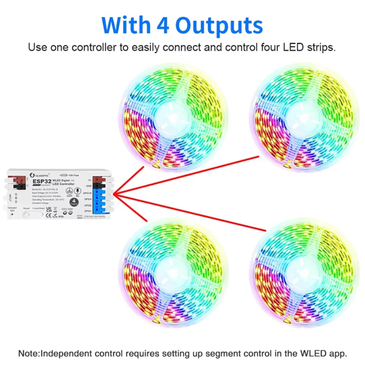 

ABNJ ESP32 WLED Controller with 4 Outputs 15A Fuse Mic Sound Dynamic Lights DIY Energy Saving Relay Level Shifter IC White