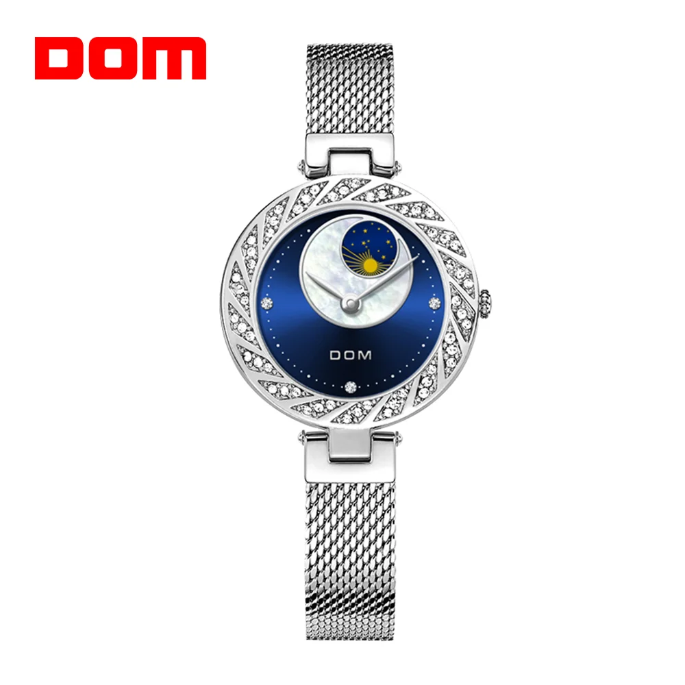 DOM Luxury Ladies Bracelet Quartz Watch Ultra Thin Simple Fashion Sun Moon Star Stainless Steel Mesh Strap waterproof Watch