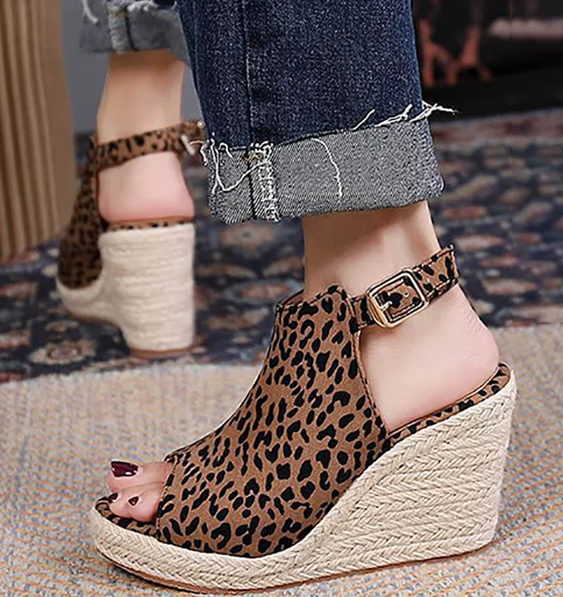 LIHUAMAO Alpargatas zapatos cuñas sandalias peep toe zapatos de mujer leopardo tacón alto correa en el tobillo plataforma sandalias de mujer bombas