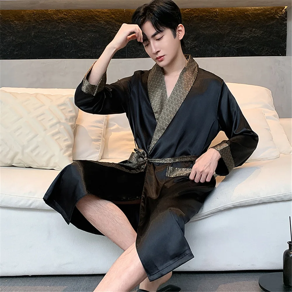 

Men's Robe Kimono Bathrobe Spring Summer Male Sleepwear Loungewear Loose Silk Satin Nightwear Homewear