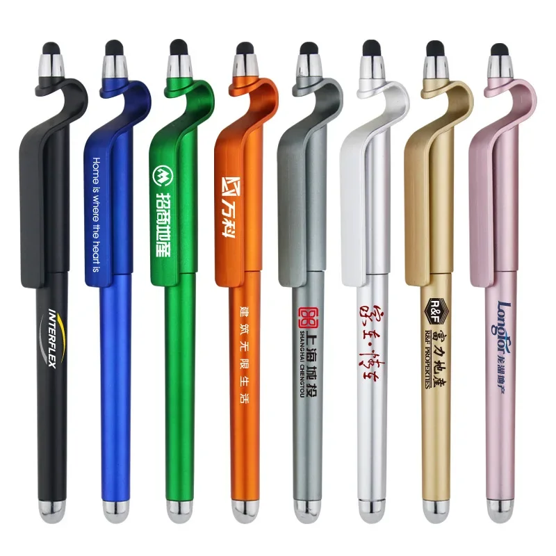 100/200 Pcs Customized Logo Text Advertising Signature Pen Screen Touch Carbon Gel Black Pen Mobile Phone Holder