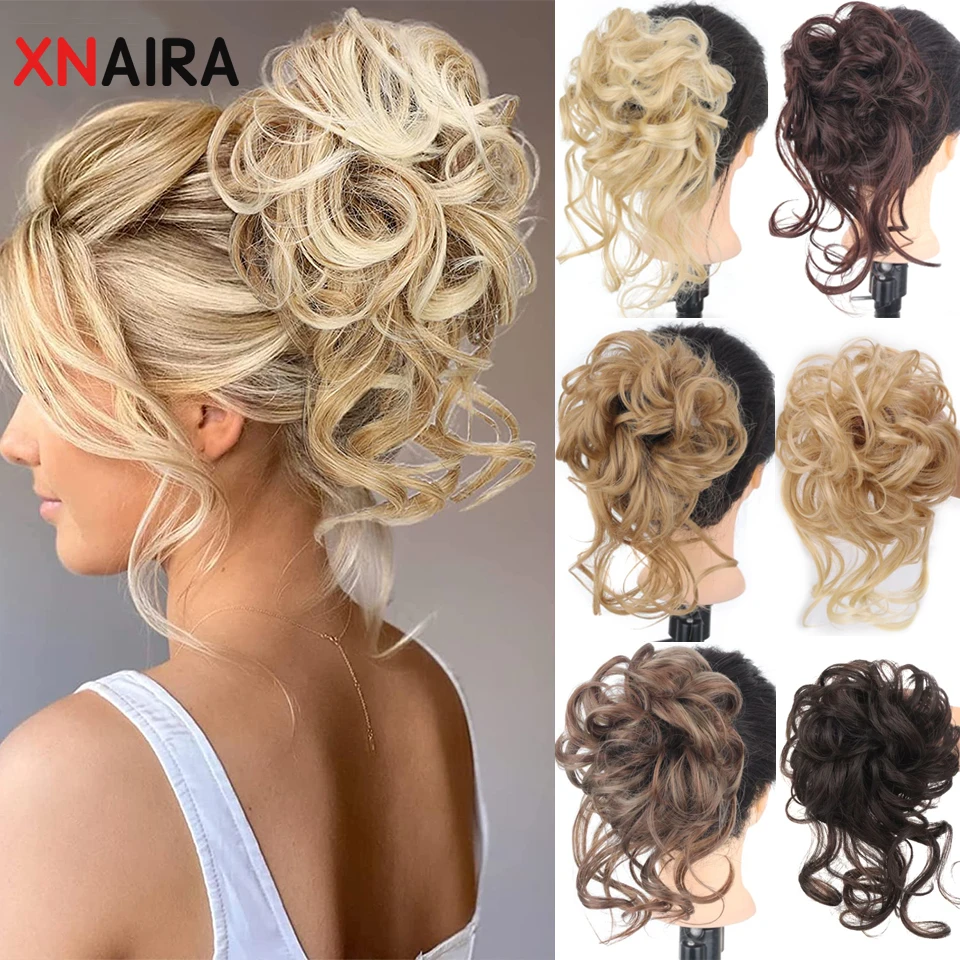 XNaira Synthetic Messy Curly Hair Bun Chignon Scrunchy Hair Band Black Brown Fake Hair Tail Hairpieces For Women Hairpins