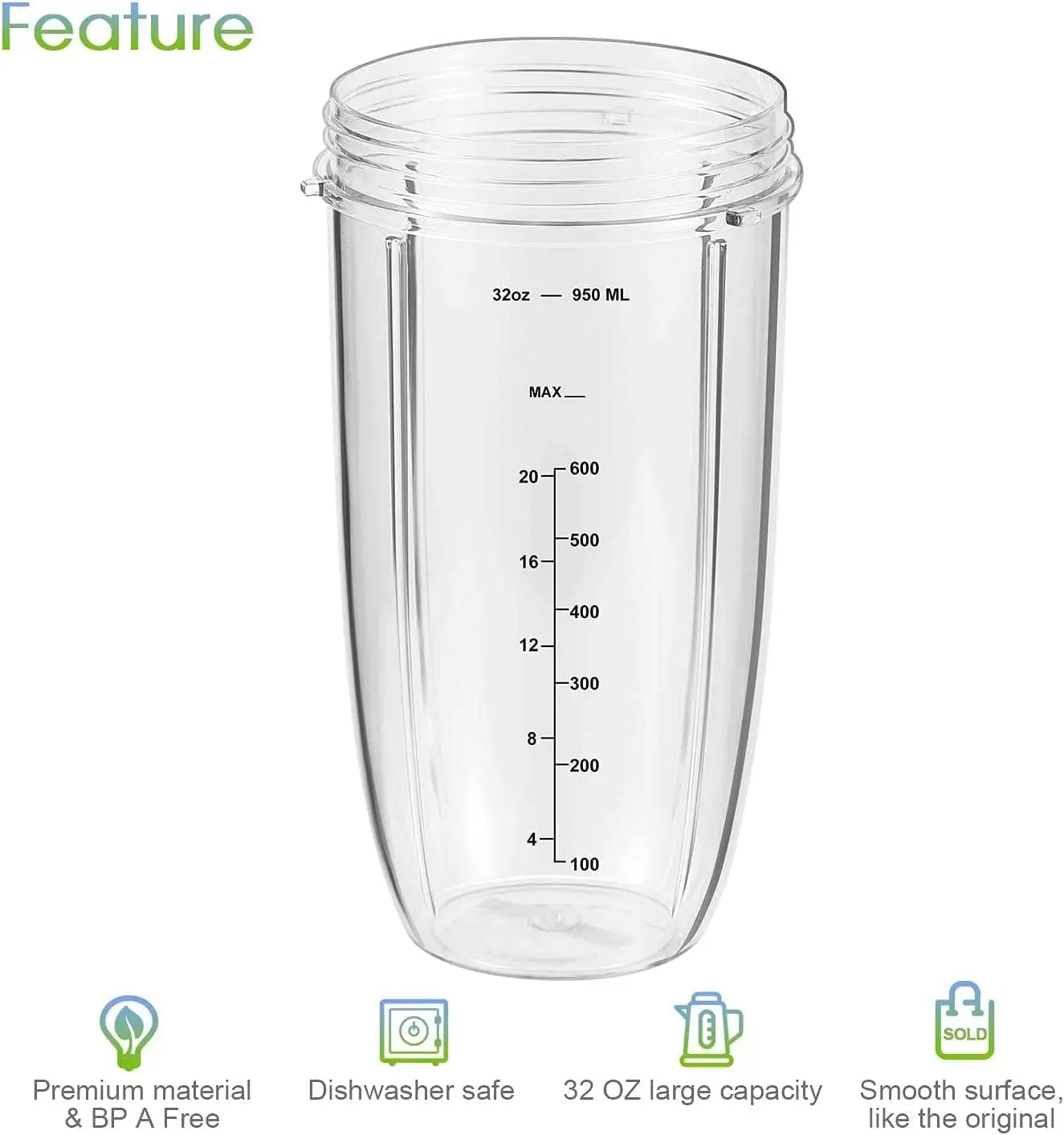 2 PCS Replacement Parts 32oz Blender Cups Replacement Blender Cups Compatible with NutriBullet 600w and 900w Blender