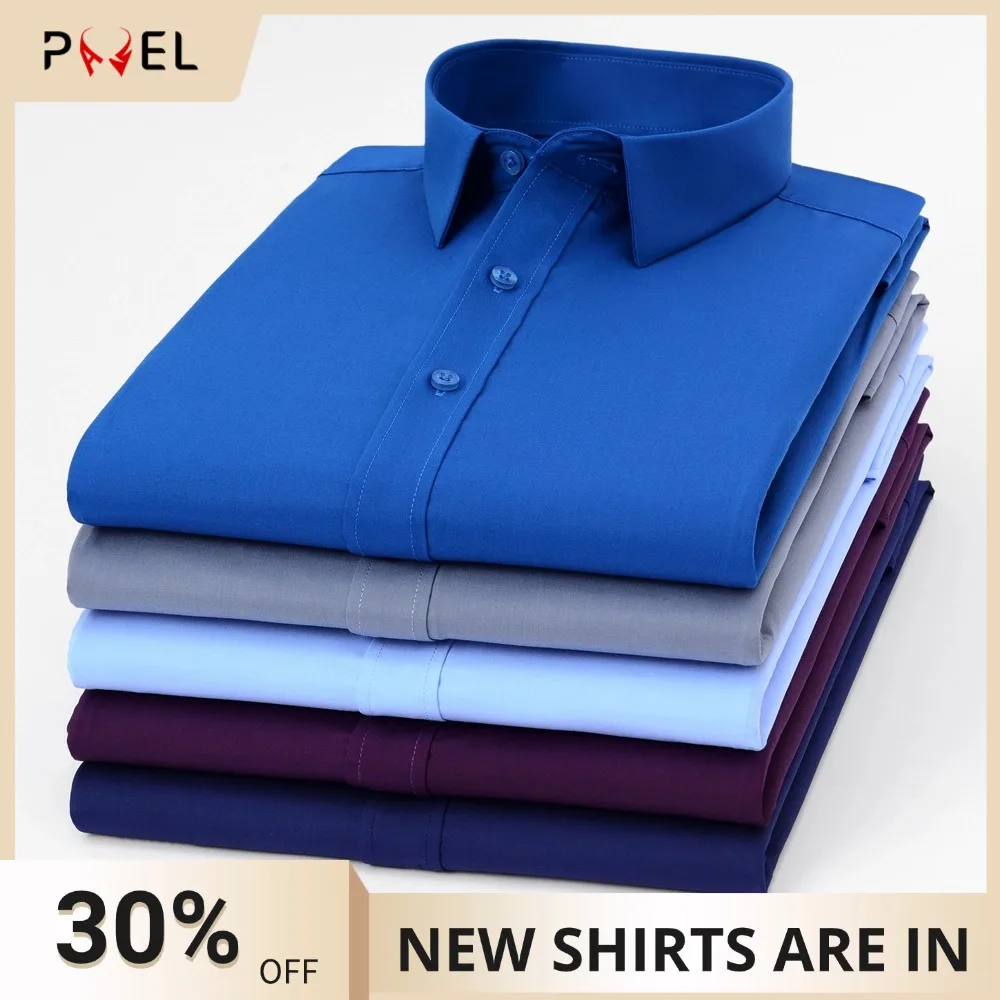 

Men's Long Sleeve Smooth Texture Dress Shirt, Business Solid Regular Fit Skin-Friendly Breathable Wrinkle-Free Button-up Shirts