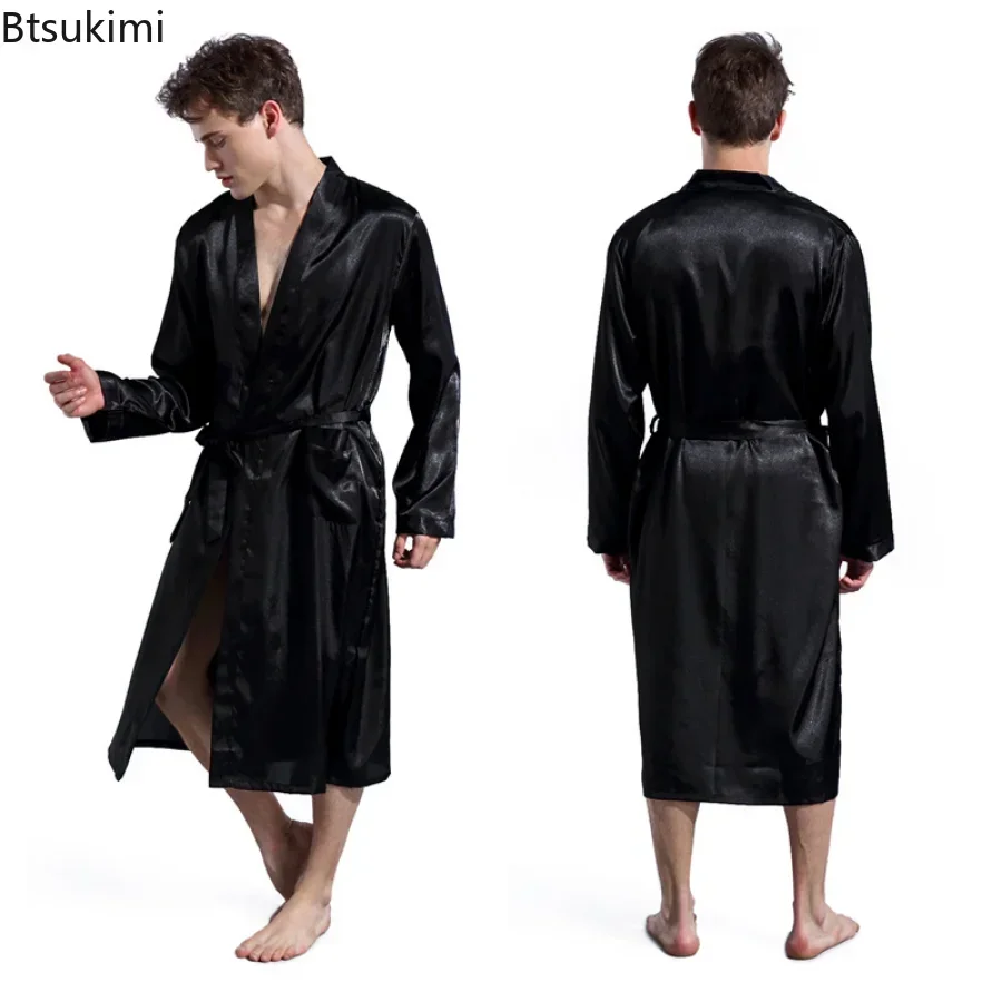 

New 2025 Mens Silk Satin Robes Pajamas Long Sleeve Solid Sleepwear Kimono Male Bathrobe Leisure Men Loungewear Dressing Gown