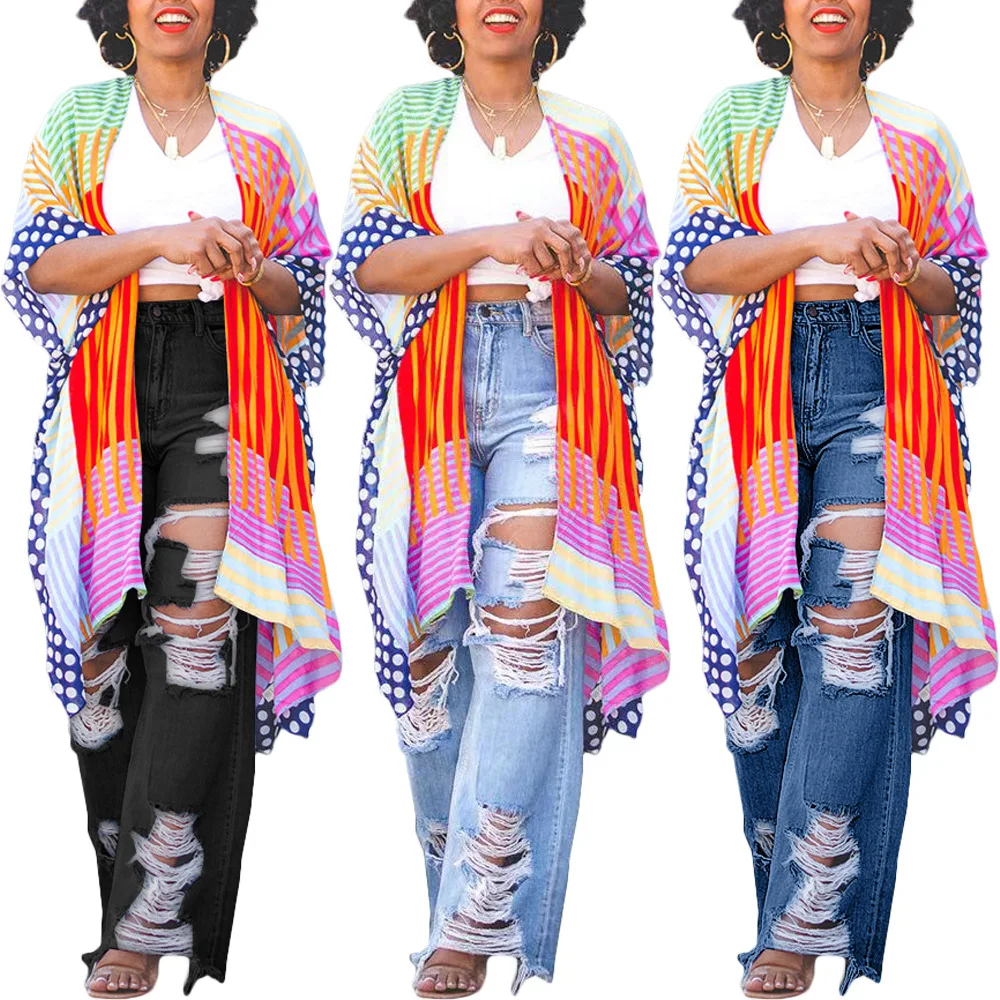 New Washed Ripped Straight-leg Jeans. Women's Spring and Summer Fashionable Street Personality Loose and Sexy High-waist Jeans