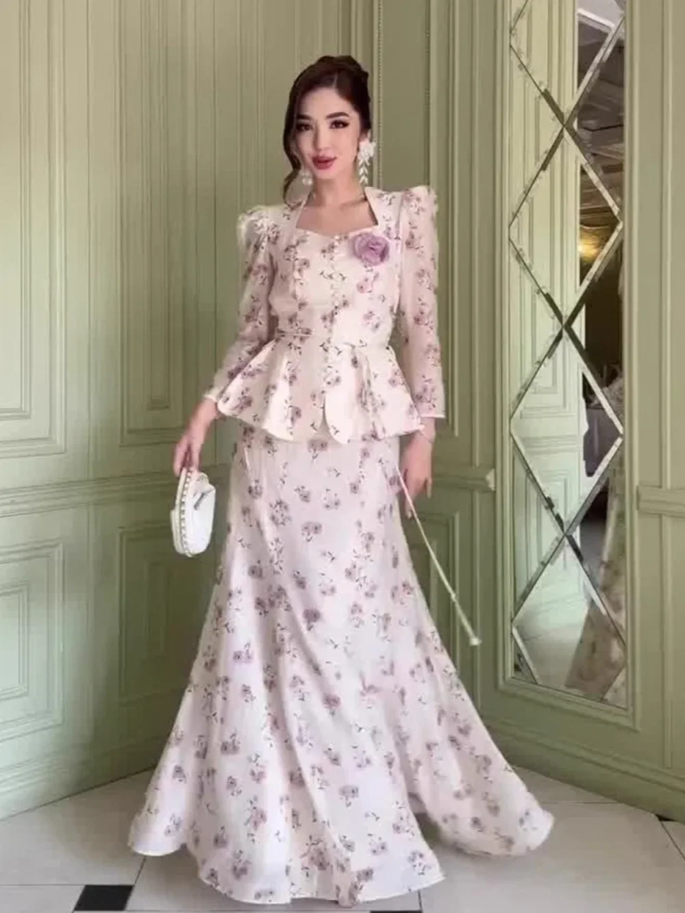 Eid Women Floral Shirt Skirt Muslim Set Sweet Musulman Ensembles 2 Piece Set Shirt Jalabiya Ramadan Dubai Kaftan Arab Long Robe