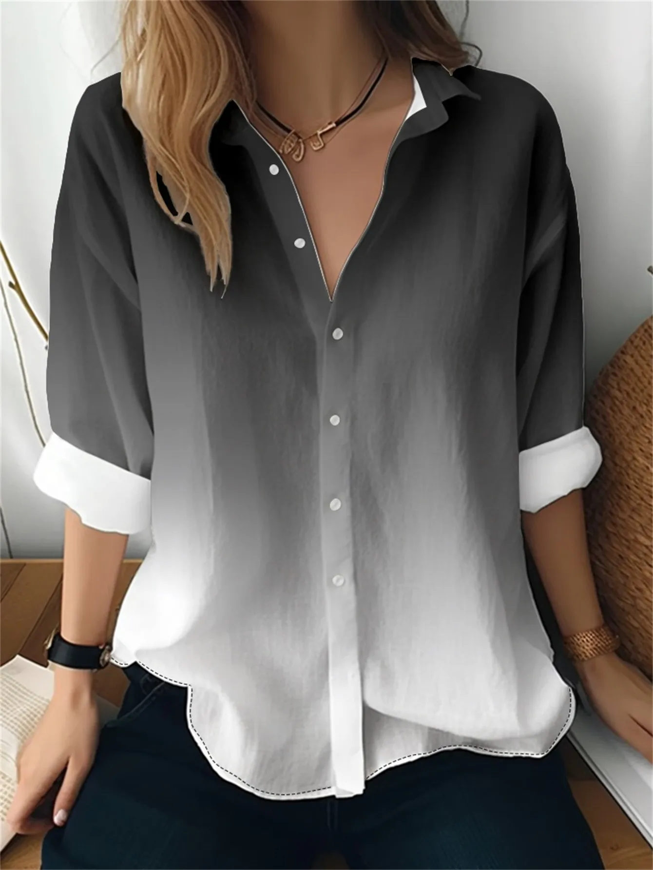 2026 Spring and Autumn New Street Casual Fashion Versatile Comfortable 3D Gradient Pattern Printed Women's Long Sleeve Shirt