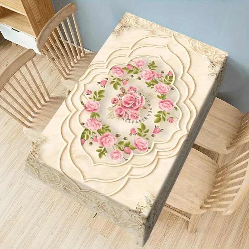 One elegant rose and classic border printed tablecloth, suitable for rectangular tables, terraces, barbecues and picnics.xzj