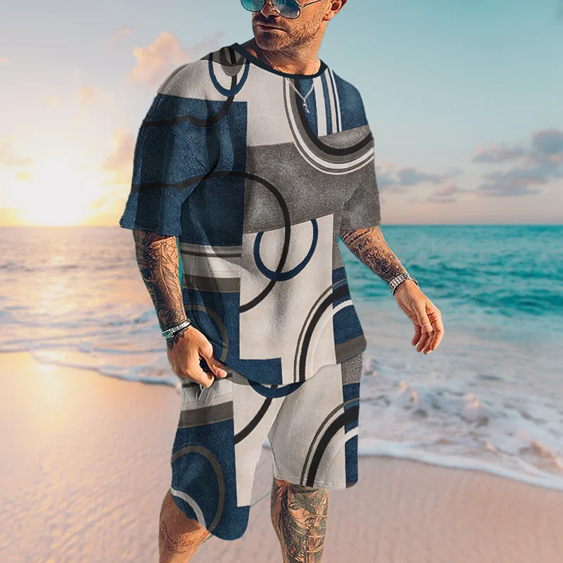 Summer Men's Tracksuit 3D Print Luxury T Shirt Sets Geometry Fashion Activewear Men Short Sleeve Shorts Beach All-match Clothes