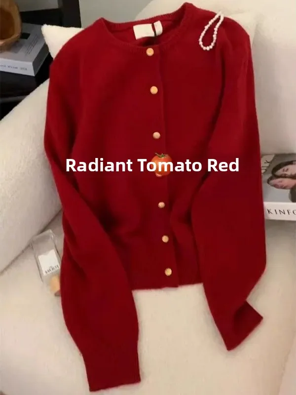 

Extra Large Cisas Red Raccoon Fce Knitwear Cardigan Women's Autumn Winter Soft Lazy High-End Feeling Long Sve Top