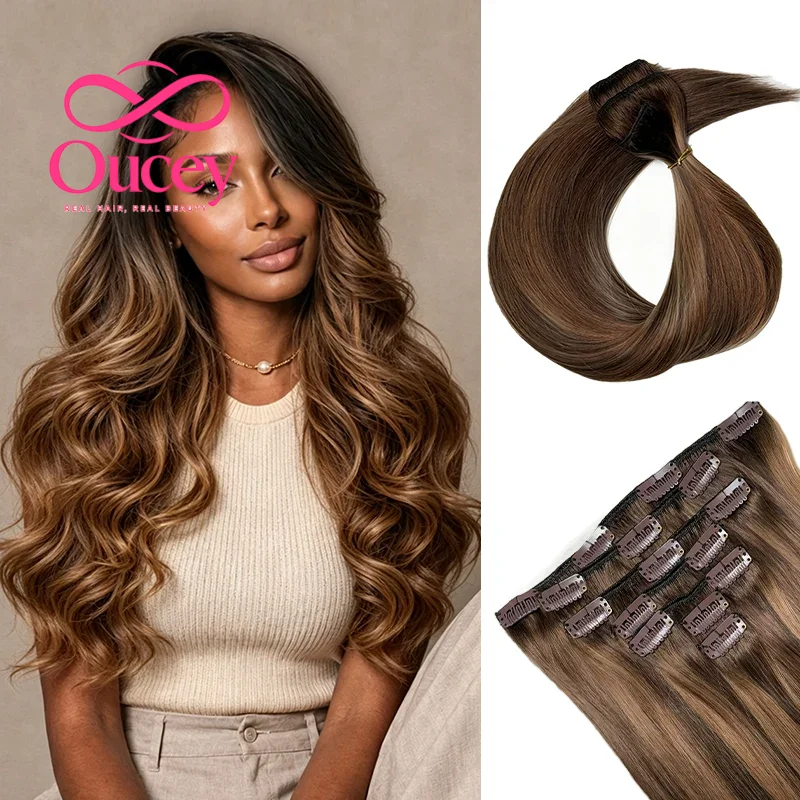 Highlight P4/27 Seamless Clip In Hair Extensions 7PCS Blonde Human Hair Warm Brown Straight Clip-In Hair Extensions Invisible