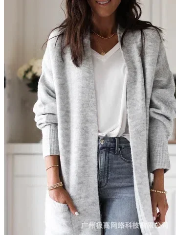 Pocket Design Open Front Longline Cardigan Women Loose Solid Color Fashion Casual Long Sleeve Sweater Cardigan