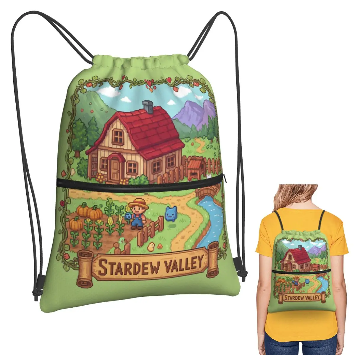 

Stardew Valley Video Gamer Classic Pixel Art Backpacks Casual Drawstring Bags Sundries Bag Book Bags for Travel Students