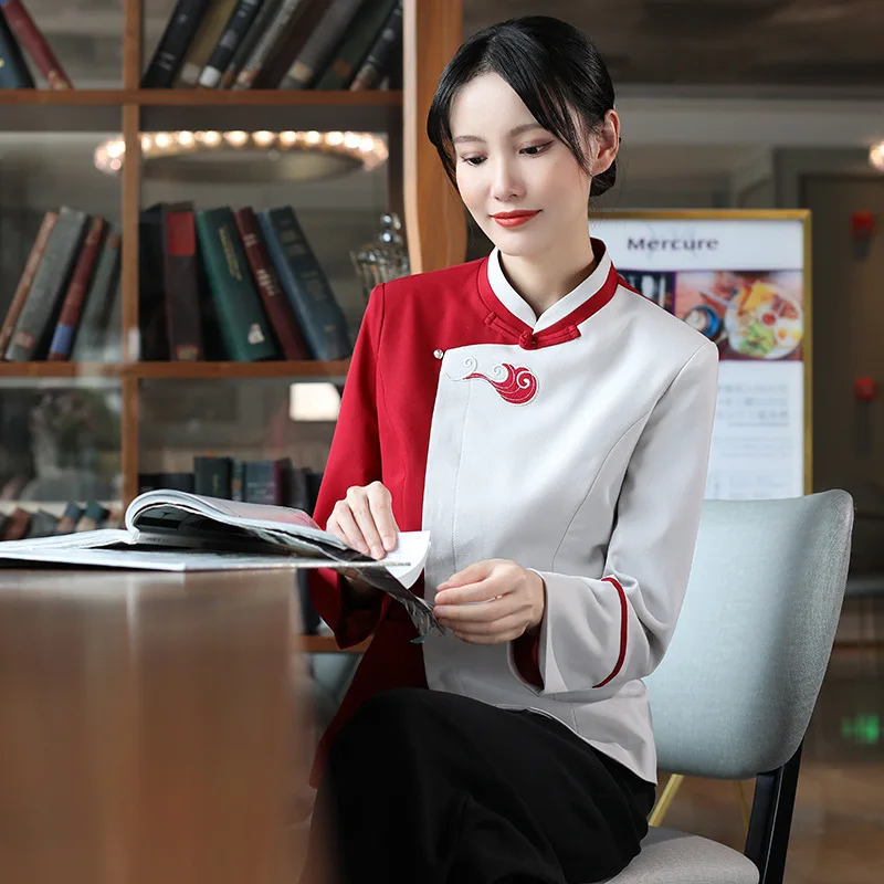 โรงแรม Tea House Waiter ชุดทํางานแขนยาวผู้หญิงฤดูใบไม้ร่วงฤดูหนาวหม้อร้อนร้านอาหารเสื้อผ้าผู้ชาย Catering ร้านอาหารอาหาร Cou